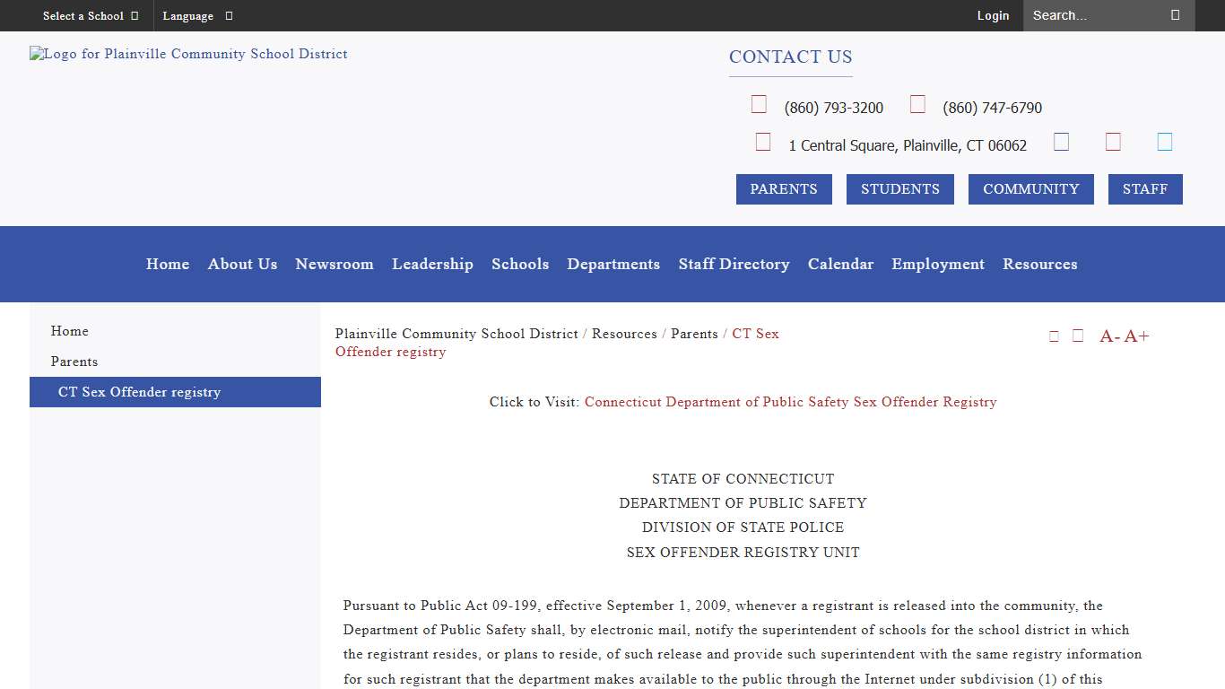 CT Sex Offender registry - Plainville Community School District